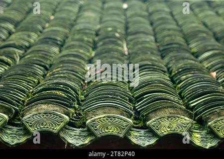 Nahaufnahme traditioneller chinesischer Dachziegel im Shangqing Palast, einem taoistischen Tempel auf dem Gipfel des heiligen Mount Qingcheng, Stadt Dujiangyan, in Sichuan Stockfoto