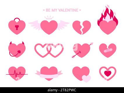 Love Heart Icon saint valentine Day Doodle Flat Set. Pink verzauberte Schloss Engel gebrochenes Herz Trennung Teufel Hochzeit amur amur amur amulett Pfeil Cardio Pulse Band Gratulation Anhänger Patch Abgleich isoliert Stock Vektor