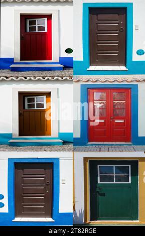 Collage von Türen mit lebhaften Farben aus Vila Nova de Milfontes Häusern. Kleine malerische Stadt an der Küste von Alentejo, Portugal Stockfoto