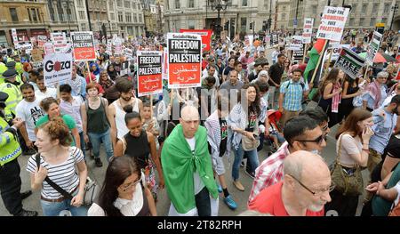 Aktenfoto vom 07/14 von Demonstranten, die sich auf dem Trafalgar Square in London versammelten. In Glasgow wird eine nationale Demonstration für einen Waffenstillstand im Gazastreifen stattfinden, und die Organisatoren glauben, dass mehr als 100.000 Menschen teilnehmen werden. Die Teilnehmer wurden aufgefordert, ihre Namen als Geste der Solidarität mit der belagerten Bevölkerung von Gaza auf die Hände zu schreiben, die diese Methode verwendet haben, um sie bei ihrem Tod identifizieren und mit Verwandten begraben zu können. Ausgabedatum: Samstag, 18. November 2023. Stockfoto