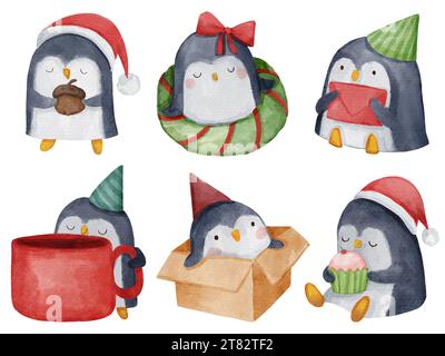 Pinguin. Weihnachtsthema . Aquarellfarbe Zeichentrickfiguren. Isoliert . Satz 2 von 4 . Abbildung . Stockfoto