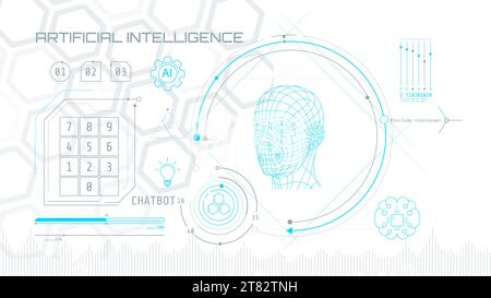 Integrierte künstliche Intelligenz in einem Technologiekreis mit einem 3D-Kopf auf abstraktem Hintergrund. Stock Vektor