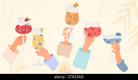 Freunde mit einer Auswahl an klassischen Cocktails. Verschiedene Getränke wie Mojito, Mimosa und Aperol Spritz in verschiedenen Gläsern. Alkoholische Erfrischungen perfekt für Menü-Display, Poster und Web-Banner.Vector Stock Vektor