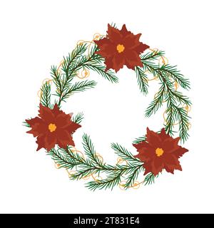 Winterkranz aus Tannenzweigen, verziert mit Weihnachtsstern und Girlande. Weihnachtsstern auf einem Kieferkranz. Modernes Design für die Einladungskarte, Stock Vektor