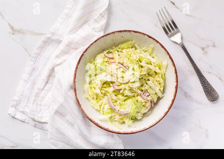 Veganer Krautsalat aus frisch gehacktem Weißkohl mit roten Zwiebeln Stockfoto