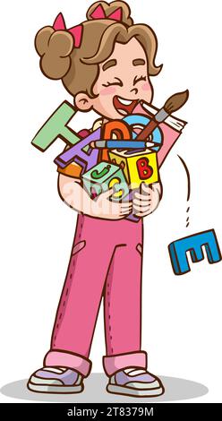 Niedliches Mädchen mit Lehrmaterial in den Armen Stock Vektor
