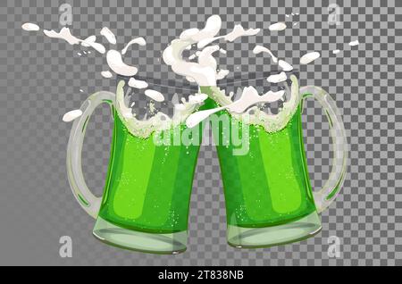 Zwei Tassen frisches Bier. Grünes Bier ist ein traditionelles Getränk auf der St. Patrick's Day in Irland. Ein Toast auf viel Glück. Vektor-Illustration für Brauereimenü, Stock Vektor