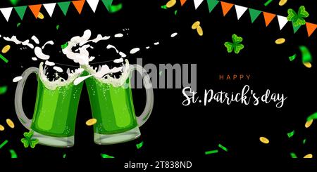 Horizontale Str.. Patrick's Day-Banner mit grünen Bierbecher. Ein Toast auf viel Glück. Konfetti, Flaggen, Klee und Goldmünzen sind traditionelle Elemente des Stock Vektor