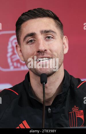 Tubize, Belgien. November 2023. Belgischer Torhüter Koen Casteels, der am Samstag, den 18. November 2023 in Tubize auf einer Pressekonferenz der belgischen Fußballnationalmannschaft Red Devils im Trainingszentrum des Königlichen belgischen Fußballverbandes abgebildet wurde. Am Sonntag spielen die Red Devils ihre letzte EM 2024-Qualifikation in der Gruppe F gegen Aserbaidschan. BELGA FOTO BRUNO FAHY Credit: Belga News Agency/Alamy Live News Stockfoto