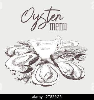 Realistische Oyster-Skizze im Vintage-Stil. Design des Bar-Menüs. Designvorlage für Lebensmittelmenüs. Vektorkontur, Abbildung. Restaurant-Café-Menü. Poster für gesundes Essen. S Stock Vektor
