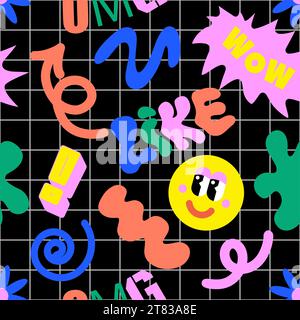 90 Cool Sticker Collage Muster. Neonfarbendruck mit Patches im Retro-Millennium-Stil. Cartoon Spaß Lächeln Gesichter, y2k Stil Vektor Illustration. Flippige Kunst für T-Shirts, Hintergrundbilder. Stock Vektor