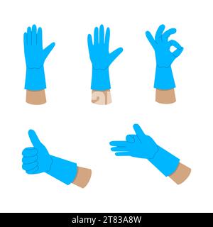 Illustration von Handgesten in blauen Gummihandschuhen isoliert auf weißem Hintergrund. Vektorgrafiken zum Thema Reinigungsmittel und andere Servicemitarbeiter Stock Vektor