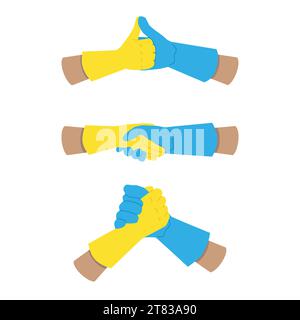 Illustration eines Handshakes in Gummihandschuhen isoliert auf weißem Hintergrund. Respekt und gegenseitige Unterstützung der Reinigungskräfte. Vektorgrafiken für das da Stock Vektor