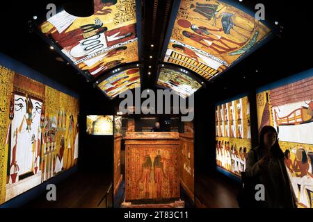 Sydney. November 2023. Dieses am 16. November 2023 aufgenommene Foto zeigt eine Szene der Medienvorschau der Ausstellung „Ramses and the Gold of the Pharaohs“ in Sydney, Australien. ZU „Feature: 3.000 Jahre alte goldene Schätze von Pharao Ramses II Glisten im Australian Museum“ Credit: HU Jingchen/Xinhua/Alamy Live News Stockfoto