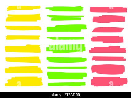Hervorhebungsbürste Unterstreichung gelb rot blau Marker Vektorstift. Farbsatz für die Hervorhellung von Konturen. Stock Vektor