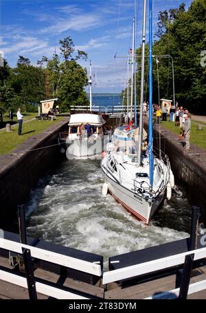Saisonales Wetter, Göta Kanal, Borenshult Schleusen, Motala, Schweden. Stockfoto