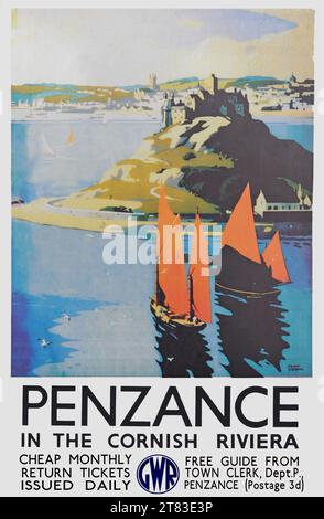 Ein Vintage-Reiseplakat der Great Western Railway, das eine Reise nach Penzance, Cornwall, anwarnt. Dies ist ein Vintage-Bild und kann einige Mängel, Patina usw. aufweisen Stockfoto