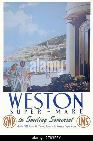 Ein Vintage-Reiseplakat der Great Western Railway, das Weston Super Mare anwarnt Stockfoto