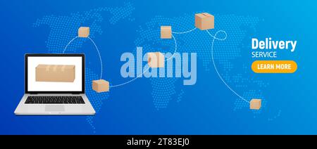 Lieferung im Online-Shop-Paket, kostenloser Service. Lieferung von Laptops Online-Shop Concept World Map. Stock Vektor