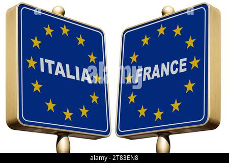 Italienisch-französisches Grenzkonzept. Zwei Straßenschilder mit dem Text Italia (Italien) und Frankreich mit den Flaggen der Europäischen Union, isoliert auf weißem Hintergrund. Stockfoto