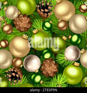 Nahtloser Weihnachtshintergrund mit grünen Tannenzweigen, grünen, goldenen und silbernen Weihnachtskugeln und Tannenzapfen. Vektor-Weihnachtstextur Stock Vektor