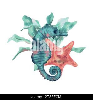 Seepferdchen, Seesterne und Algen. Vektor-Meer-Illustration im Aquarellstil. Grußkarten, Einladungen, Cover, Themenflyer und Banner. Stock Vektor