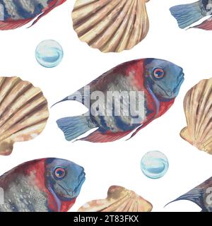 Fisch, Muscheln, Blasen. Nahtloses Marine-Muster. Vektorillustration im Aquarellstil. Karten, Cover, Stoff, Geschenkpapier, Tapeten, Textil. Stock Vektor