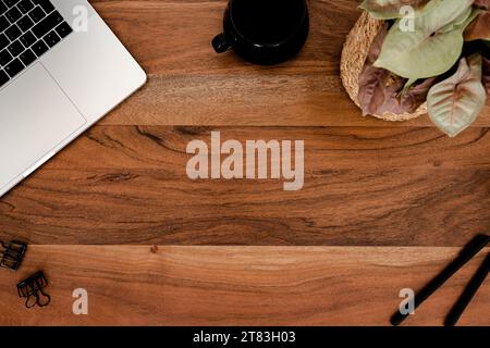 Holzschreibtisch, Bürokopierbereich mit Laptop, Schreibwaren und einer Tasse Tee, Zimmerpflanzen-Flachbett. Draufsicht. Kopierbereich. Modernes ästhetisches Arbeitsplatzkonzept. Stockfoto