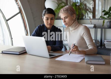 Praktikantin für die Ausbildung von Mentoren im Unternehmen. Vorgesetzter unterrichtet neuen Mitarbeiter Stockfoto