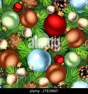 Nahtloser Weihnachtshintergrund mit grünen Tannenzweigen, rot, blau, grün, Bronze, und silberne Weihnachtskugeln und Tannenzapfen. Vektor-Weihnachtstextur Stock Vektor