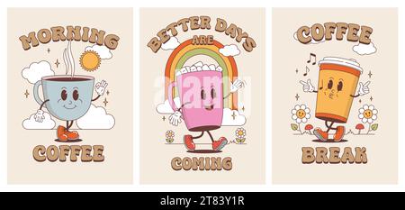 Retro Coffee Logo. Becher mit fröhlichem Gesicht. Vintage-Poster zum Frühstück. Niedliches Becher Maskottchen. Cartoon-Aufkleber. Heißes Koffeingetränk-Glas. Wolken oder Stock Vektor