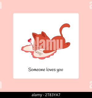 Poster mit romantischen Tieren. Zeichentrickgrußkarte. Lustige Katze, die Valentinskatze unterschreibt. Liebe das Herz. Kätzchen, die Urlaubswünsche schreiben. Fröhliche Kätzchen. Amour Stock Vektor