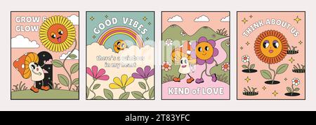 Retro-Poster. Psychedelische Blüten. Wolken und Regenbogen. Sommer Natur. Niedliche Zeichentrickfiguren. Blüte und Amanita-Pilz. Glückliche Gesichter. 70s com Stock Vektor