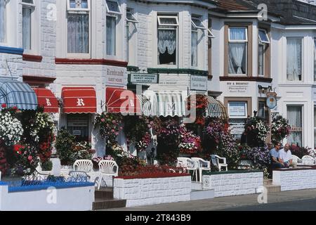 Bunte, hängende Körbe mit Blumen entlang einer Reihe von Gästehäusern. Trafalgar Road, Great Yarmouth, Norfolk, England, Großbritannien Stockfoto