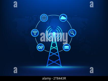 Telekommunikationstechnologie der Übertragungsturm vor der Weltkarte mit Technologiesymbolen steht für die Entwicklung fortschrittlicher Kommunikation Stock Vektor