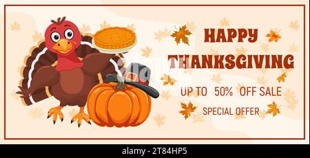 Banner mit Thanksgiving Verkaufstext. Herbstrabatt-Poster mit putenvogel, Kürbis, Kürbiskuchen, Pilgerhut. Vektorillustration für Poster, Banner Stock Vektor