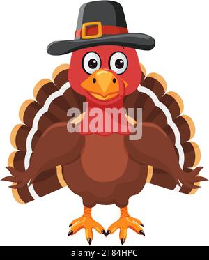 Cartoon truthahn Vogel mit Pilgermütze. Traditionelles amerikanisches, kanadisches Symbol für Happy Thanksgiving Day. Niedlicher Charakter. Vektor-Clipart. Vektoril Stock Vektor