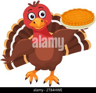 Lustiger Karikaturvogel mit Kürbiskuchen. Traditionelles amerikanisches, kanadisches Symbol für Happy Thanksgiving Day. Niedlicher Charakter. Vektor-Clipart. Vektor Stock Vektor