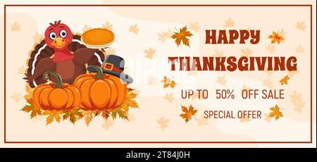 Poster Zum Thanksgiving-Angebot. Weihnachtsrabatt-Banner mit putenvogel, Kürbis, Kürbiskuchen, Pilgerhut. Vektor-Illustration für Poster, banne Stock Vektor