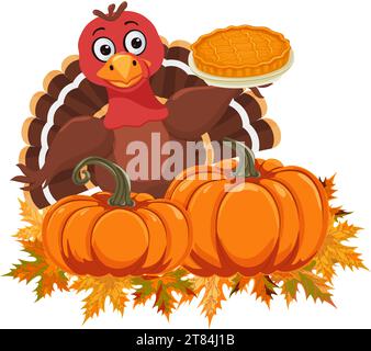 Ein lustiger truthahnvogel mit einem Kuchen in den Flügeln steht neben einem Kürbis auf den Herbstblättern. Traditionelles amerikanisches, kanadisches Symbol für Happy Thanksgiving da Stock Vektor