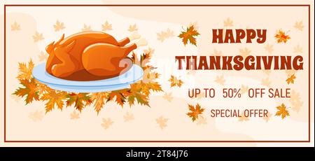 Poster zum Weihnachtsrabatt an Thanksgiving. Verkaufs- und Herbstrabatte Hintergrundschablone mit gebratenem truthahn und Herbstlaub. Vektorabbildung für poste Stock Vektor