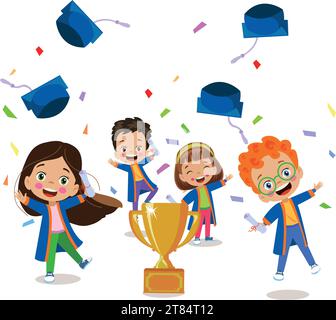 Süße Kinder mit Abschlussfeier und goldener Trophäe Stock Vektor