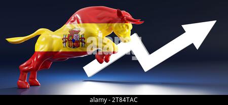 Horizontales Banner eines Bullen mit der spanischen Flagge auf einem leeren grauen Hintergrund. Bild mit aufsteigendem Pfeil, das den spanischen Stier-Aktienmarkt repräsentiert. Stockfoto