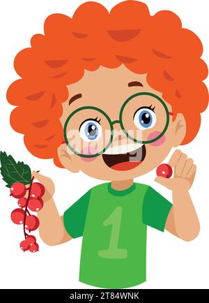 Süßer glücklicher Junge, der Johannisbeere isst Stock Vektor