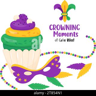 King Cake. Festlicher süßer Cupcake mit farbenfroher Glasur, Karnevalsmaske und Perlen-Halsketten. Karneval des Mardi Gras. Vektorillustrationen im Cartoon-Stil Stock Vektor