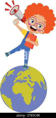 Süßer Junge auf der Weltkarte mit Megaphon in der Hand Stock Vektor