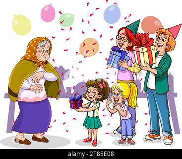 Die Familie feiert Großmutters Happy Birthday. Lassen Sie sich von der Geburtstagskuche, den Kugeln und der Weihnachtsdekoration überraschen. Die Beziehung der liebevollen Familie Stock Vektor