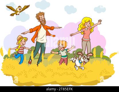 Vektor-Illustration einer glücklichen Familie mit Kindern, die Spaß mit Drachen haben.Familie, die einen Drachen-Vektor fliegt Stock Vektor