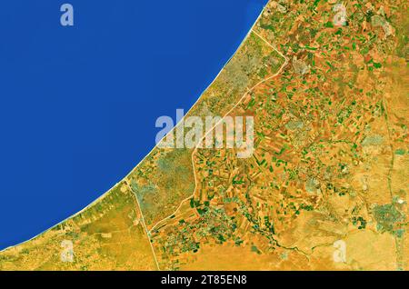 Gaza, Palästina - Nahaufnahme des Gazastreifens, Satellitenansicht, Draufsicht, Grenze neu gefärbt, bearbeitet Stockfoto