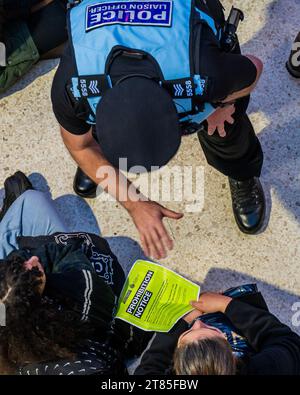 London, Großbritannien. November 2023. Palästinenser protestieren und fordern jetzt eine Waffenruhe in Waterloo, obwohl die Polizei eine Mitteilung gemäß Abschnitt 14 ausstellt. Die Menge reagiert weiterhin auf den jüngsten Ausbruch der Gewalt und die israelische Reaktion im Gazastreifen. Der Protest wurde von Stop the war, der Palestine Solidarity Campaign UK und Friends of Al Aqsa organisiert. Guy Bell/Alamy Live News Stockfoto